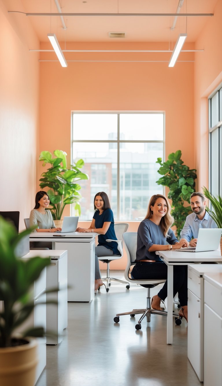 A modern office with gentle peach-colored walls, desks with laptops, plants, and people working together in a bright and welcoming space.