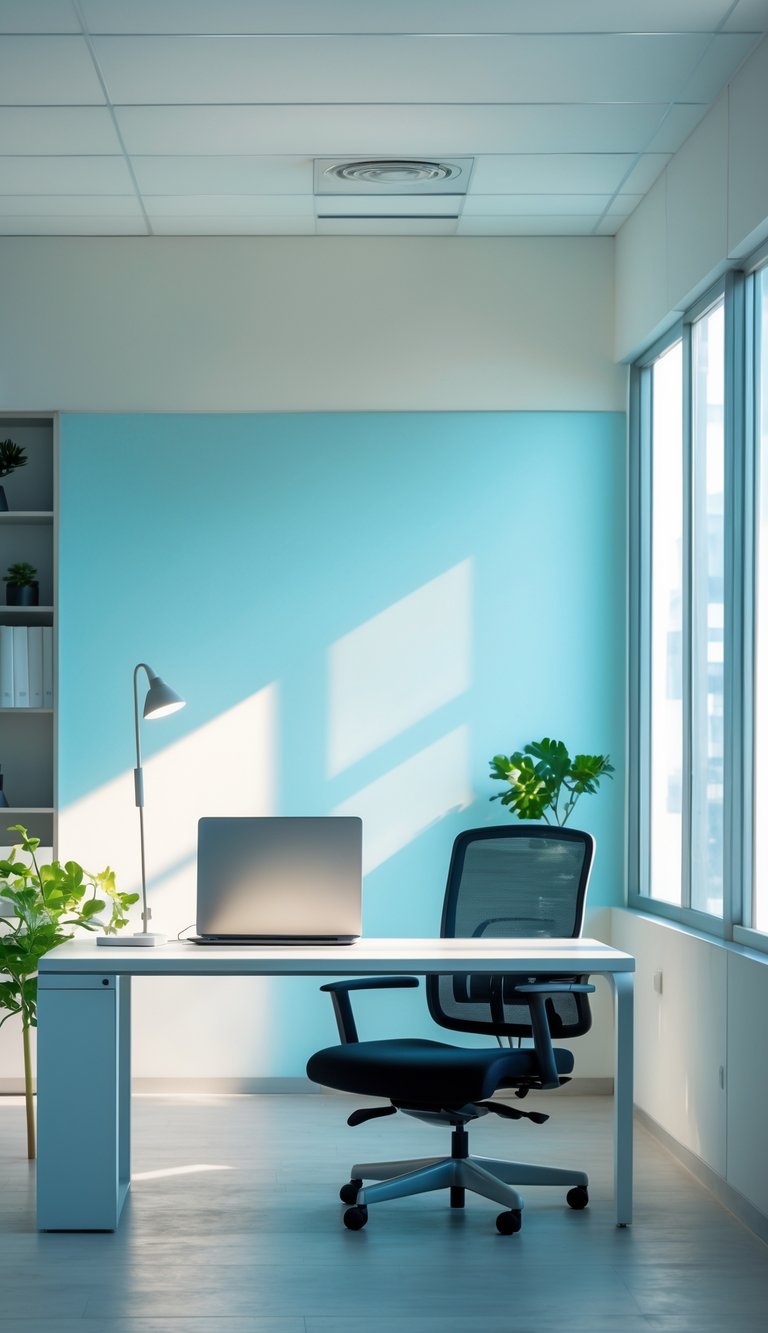 A bright and relaxing office workspace with off-white walls tinted blue, a desk with a laptop, a plant, and natural light coming through windows.