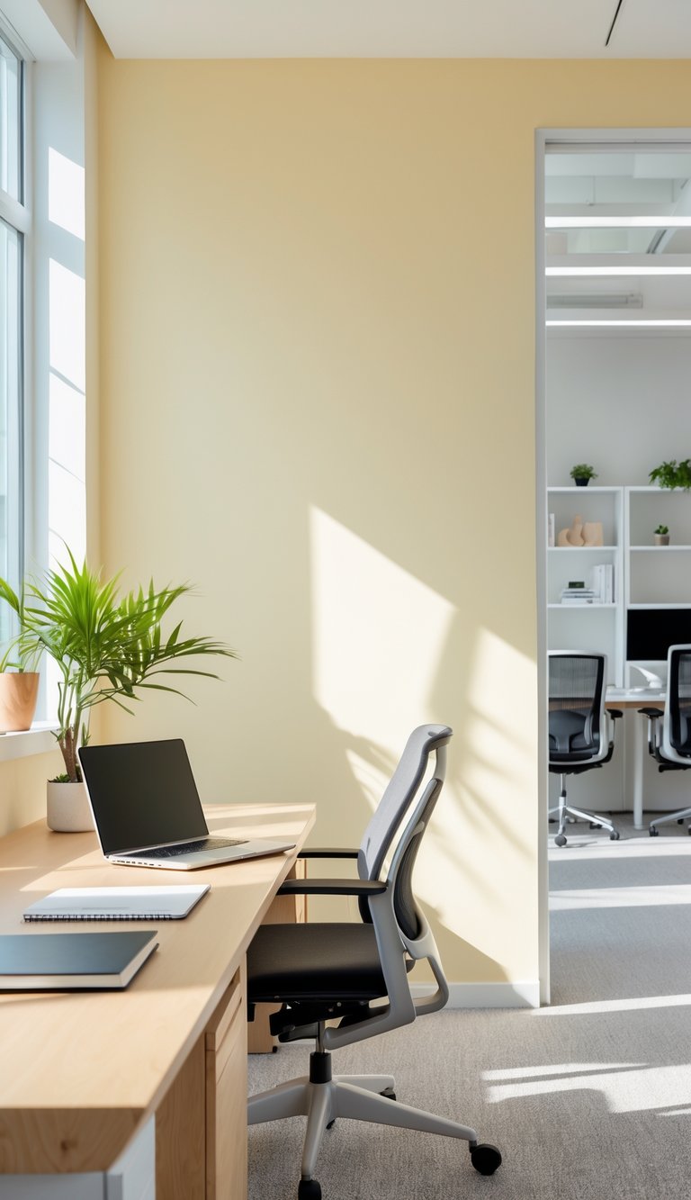 A modern office with a creamy yellow wall, a desk with a laptop and plant, and natural sunlight filling the room.
