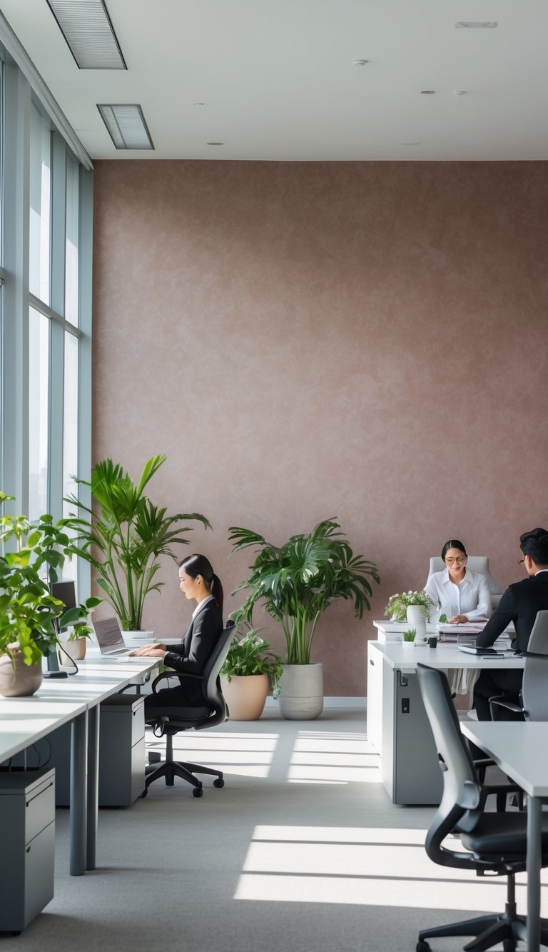 Modern office with dusty rose-colored wallpaper, desks, chairs, plants, and people working quietly.