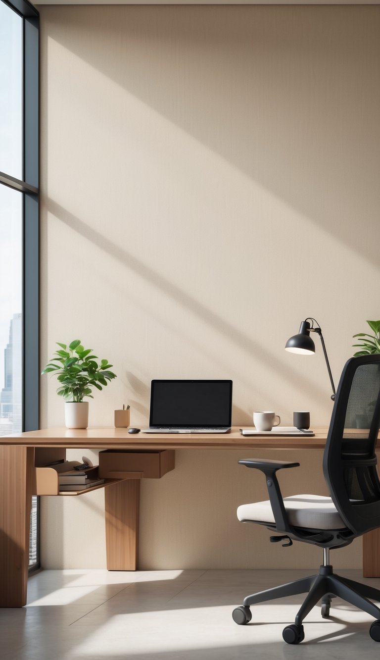 A modern office workspace with a beige wallpaper background, a desk with a laptop, notebook, coffee cup, and a potted plant near a window.