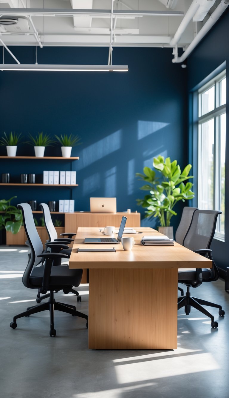 An office workspace with navy blue walls, a desk with a laptop and coffee cup, ergonomic chairs, plants, and natural light coming through large windows.