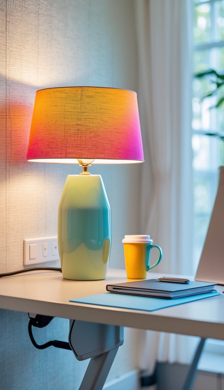 A tidy office desk with a colorful lamp and matching wallpaper, featuring coordinated desk accessories.