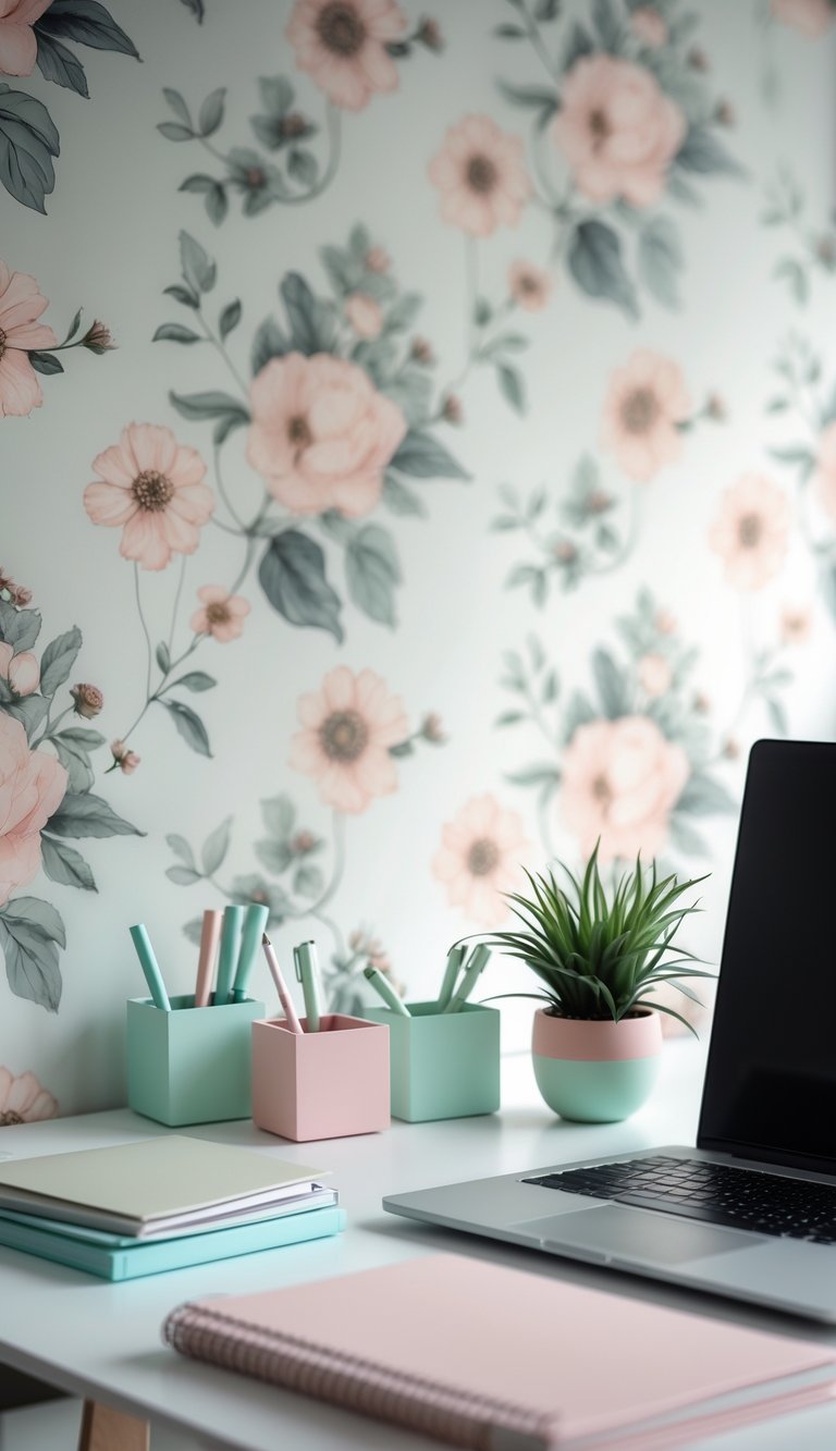 Office desk with floral wallpaper in the background and pastel-colored pen holders arranged on the desk.