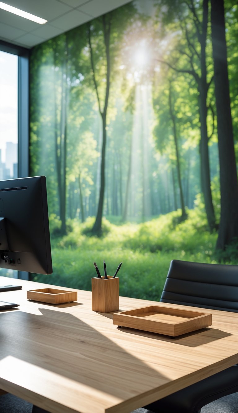 A wooden desk with matching wooden accessories in front of a wall covered with green forest wallpaper.