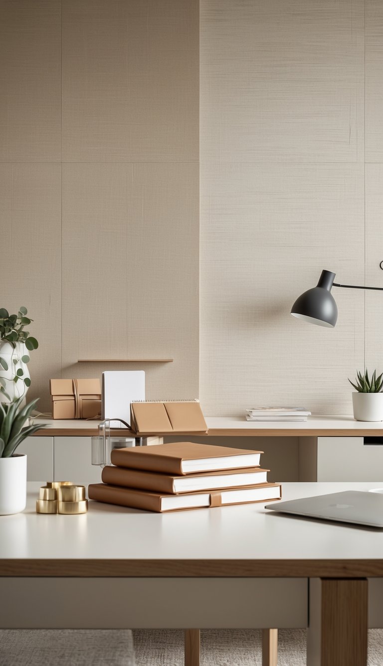 Office desk with leather-bound notebooks and neutral-colored wallpaper in the background.