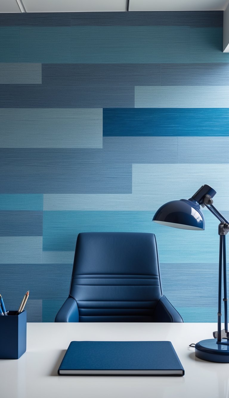 An office scene with blue-toned wallpaper, a navy desk chair, and matching desk accessories on a tidy desk.