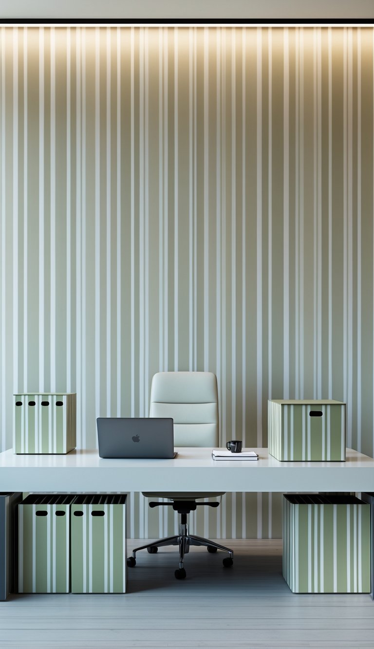 An office desk with striped filing boxes arranged in front of a wall covered in striped wallpaper.