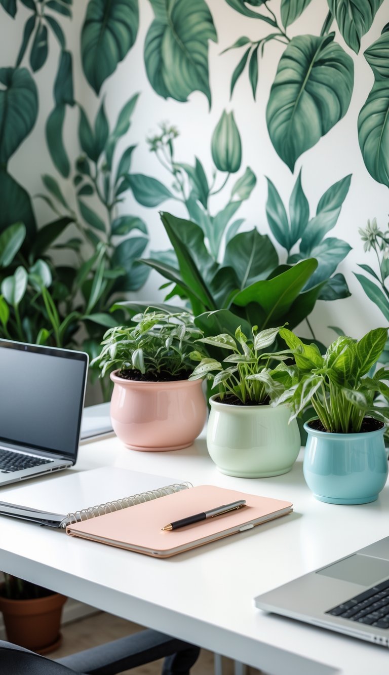 Office desk with botanical wallpaper and enamel planters holding green plants, along with a laptop and office accessories.