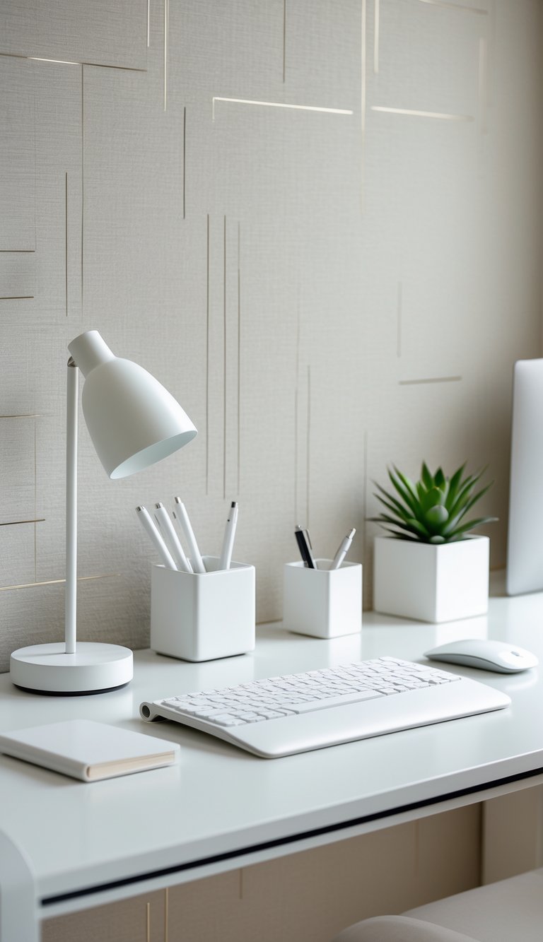 A clean white desk with white office accessories arranged neatly in front of a light neutral patterned wallpaper.