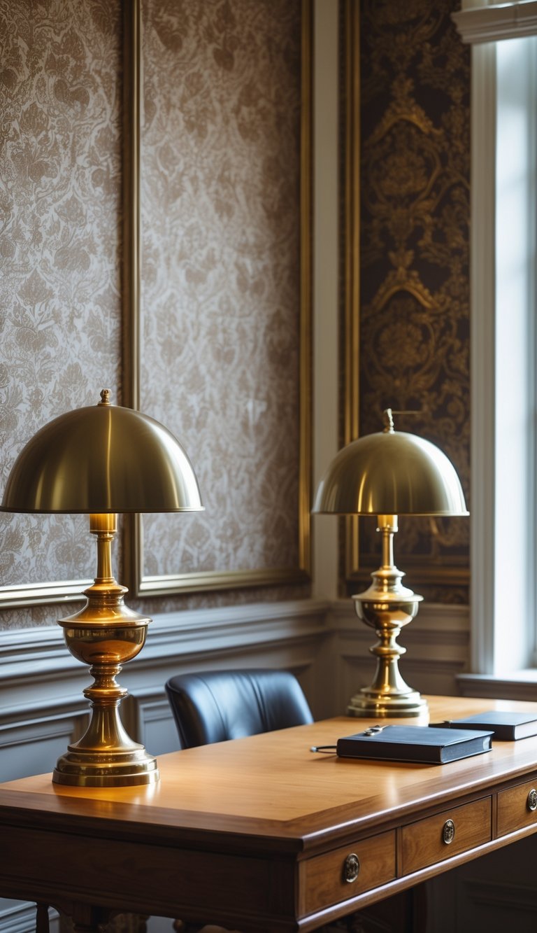 An office desk with brass lamps in front of patterned wallpaper.