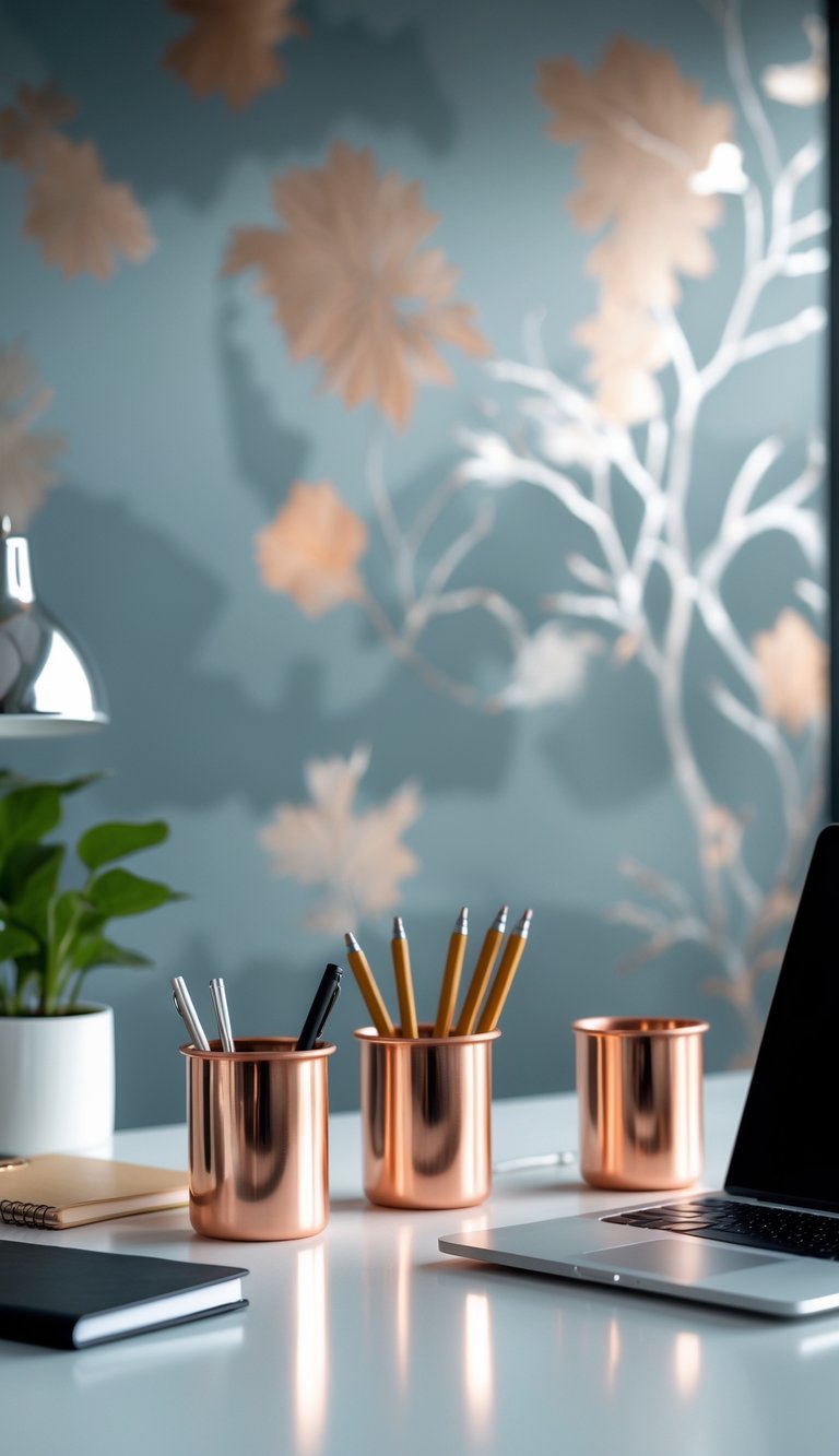 A clean office desk with wallpaper in the background and copper pen cups holding pens on the desk.