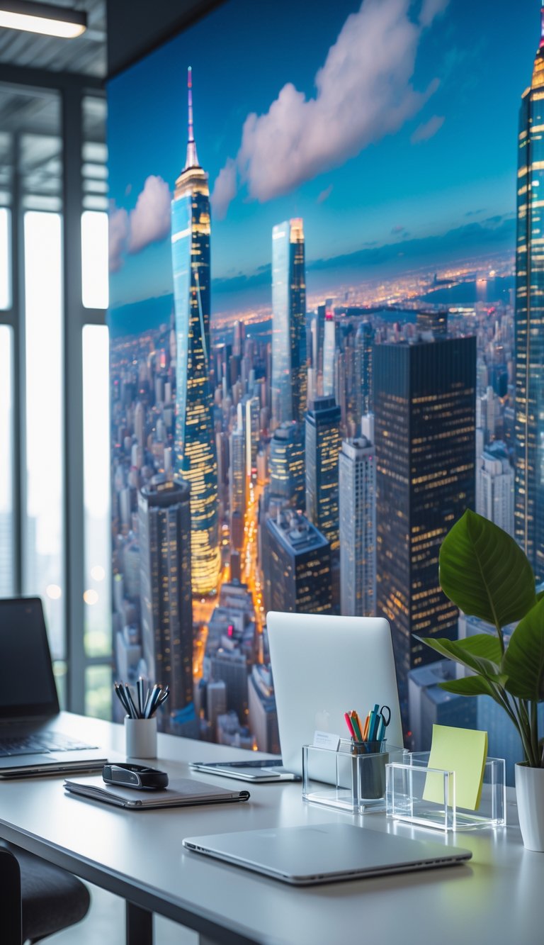 A modern office desk with clear acrylic organizers in front of a wall covered with cityscape wallpaper showing a metropolitan skyline.