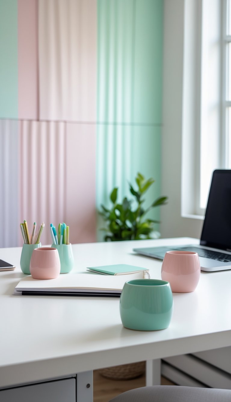 A neatly arranged office desk with pastel-colored wallpaper and matching ceramic cup holders holding pens.