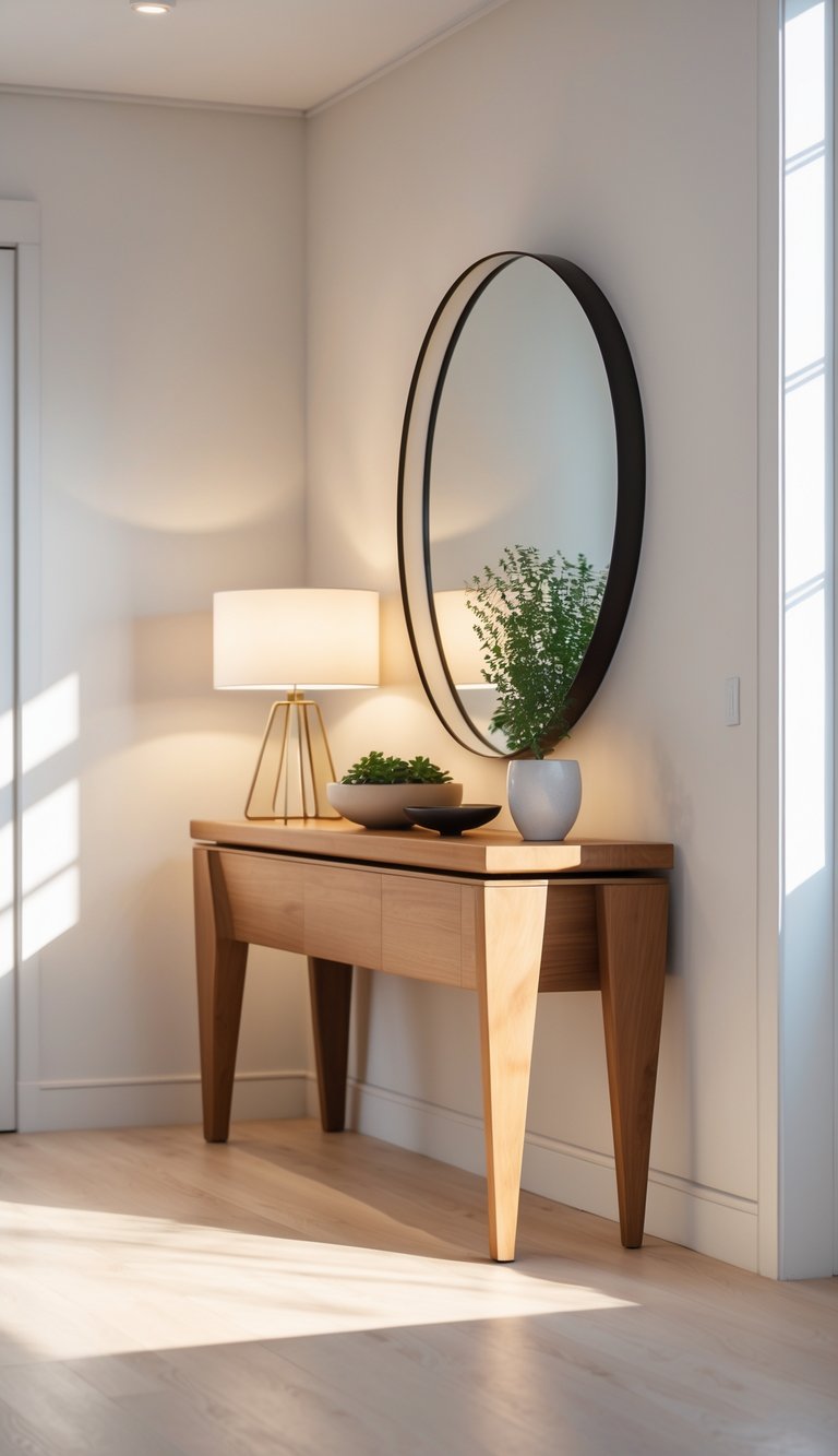 A wooden console table with decorative items in a bright entryway with natural light.