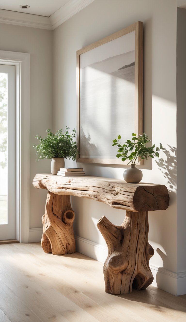 A driftwood console table in a bright entryway with a plant, books, and a vase on top.