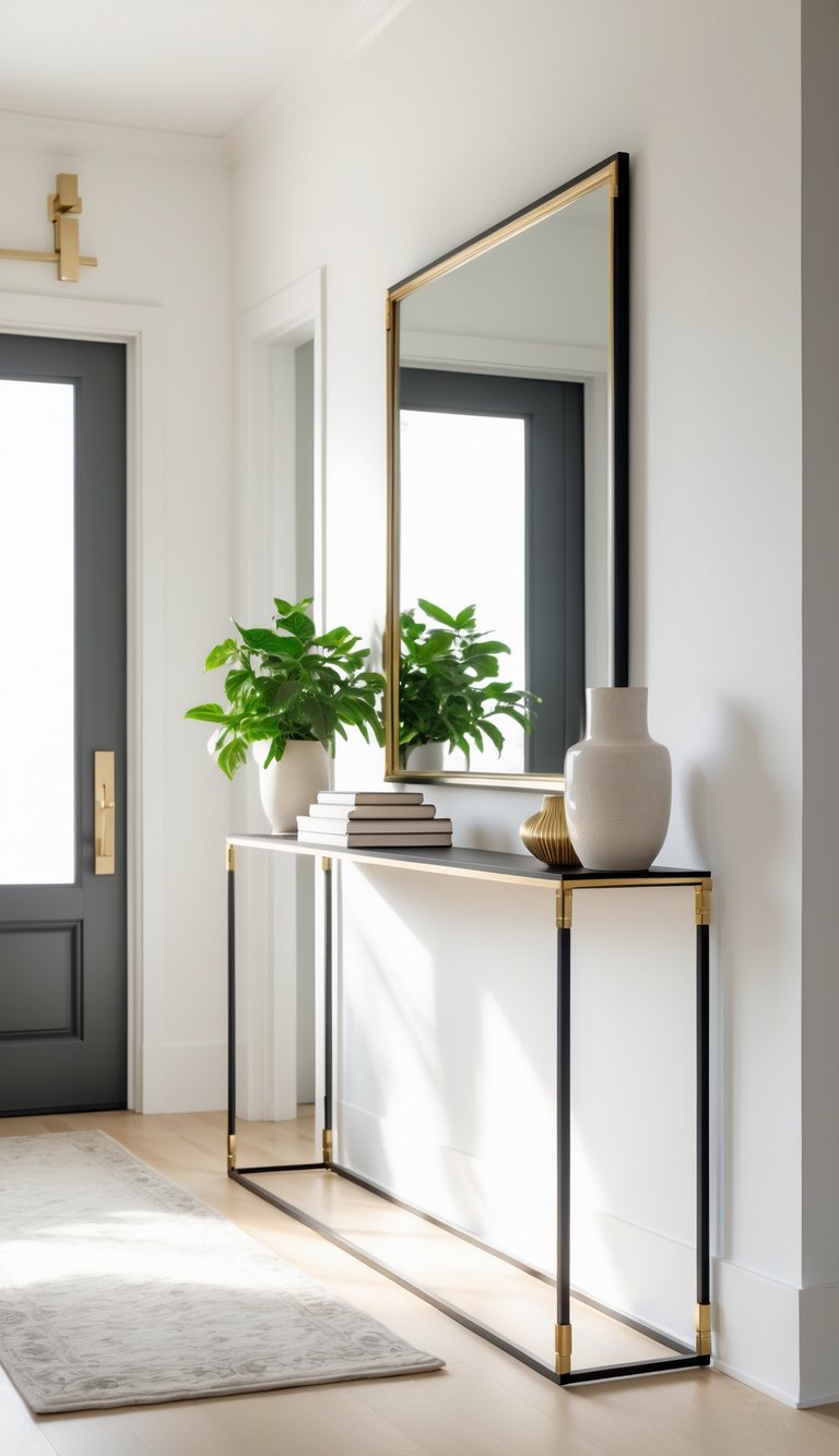 A slim metal console table with gold accents in a bright entryway, decorated with a plant, books, and a vase, beneath a wall mirror.