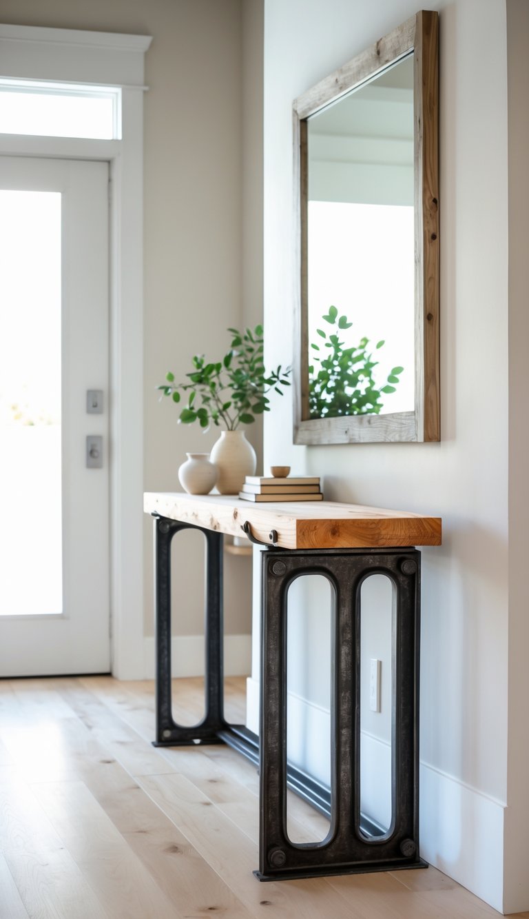 A wooden and iron console table in a bright entryway with a plant, vase, and books on top.