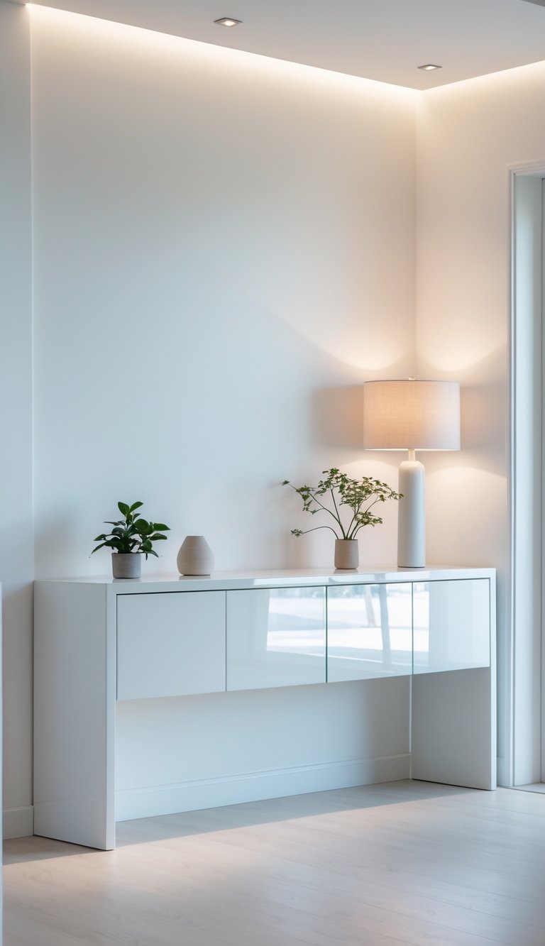 A white lacquer console table with decorative items in a bright entryway with wooden flooring.