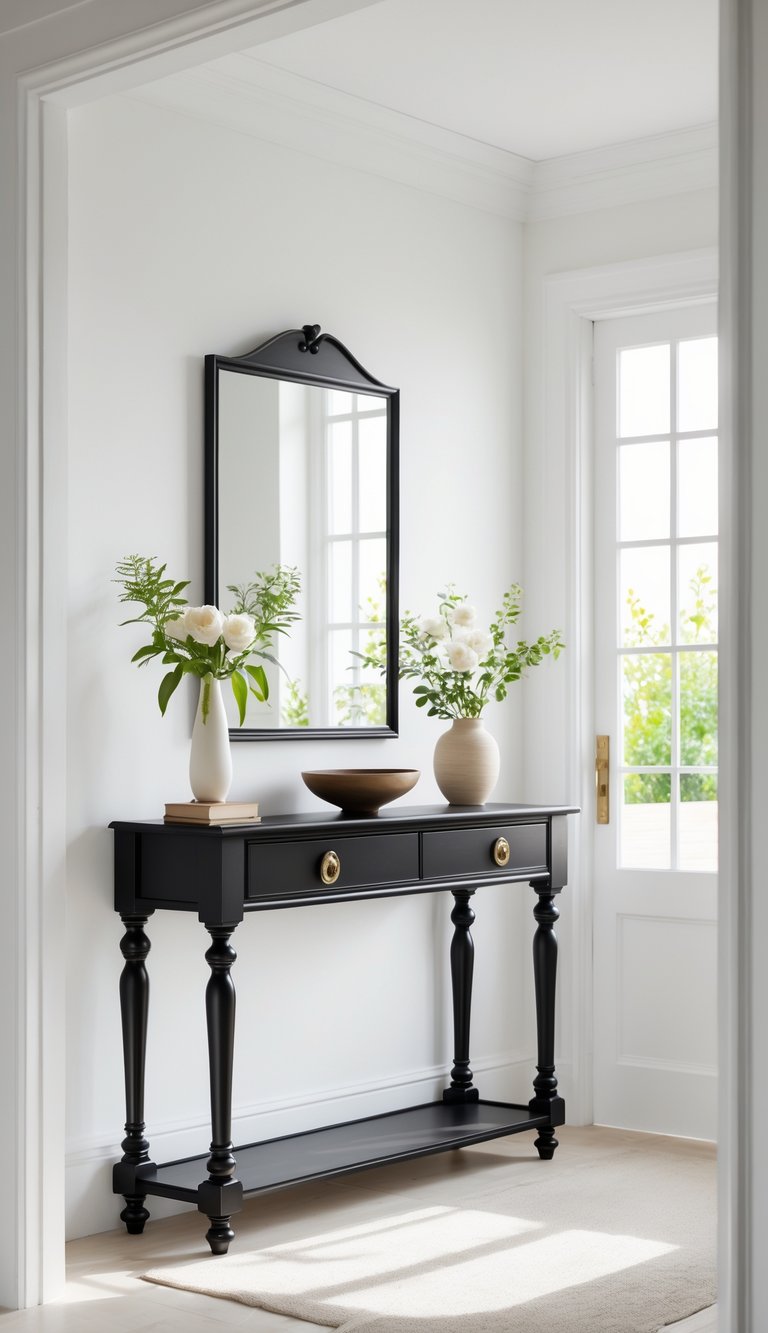 A black console table with turned legs in a bright entryway decorated with a vase, bowl, and artwork on the wall.