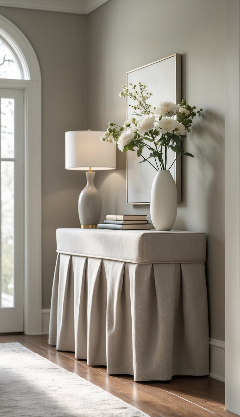 An entryway with a console table covered by a fitted fabric skirt, decorated with a vase of flowers, books, and a lamp.