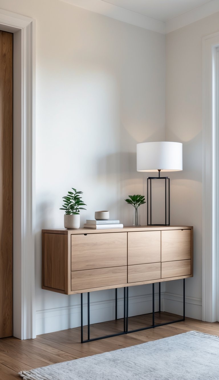 An entryway with a console table featuring built-in drawers, decorated with a plant, lamp, and books.