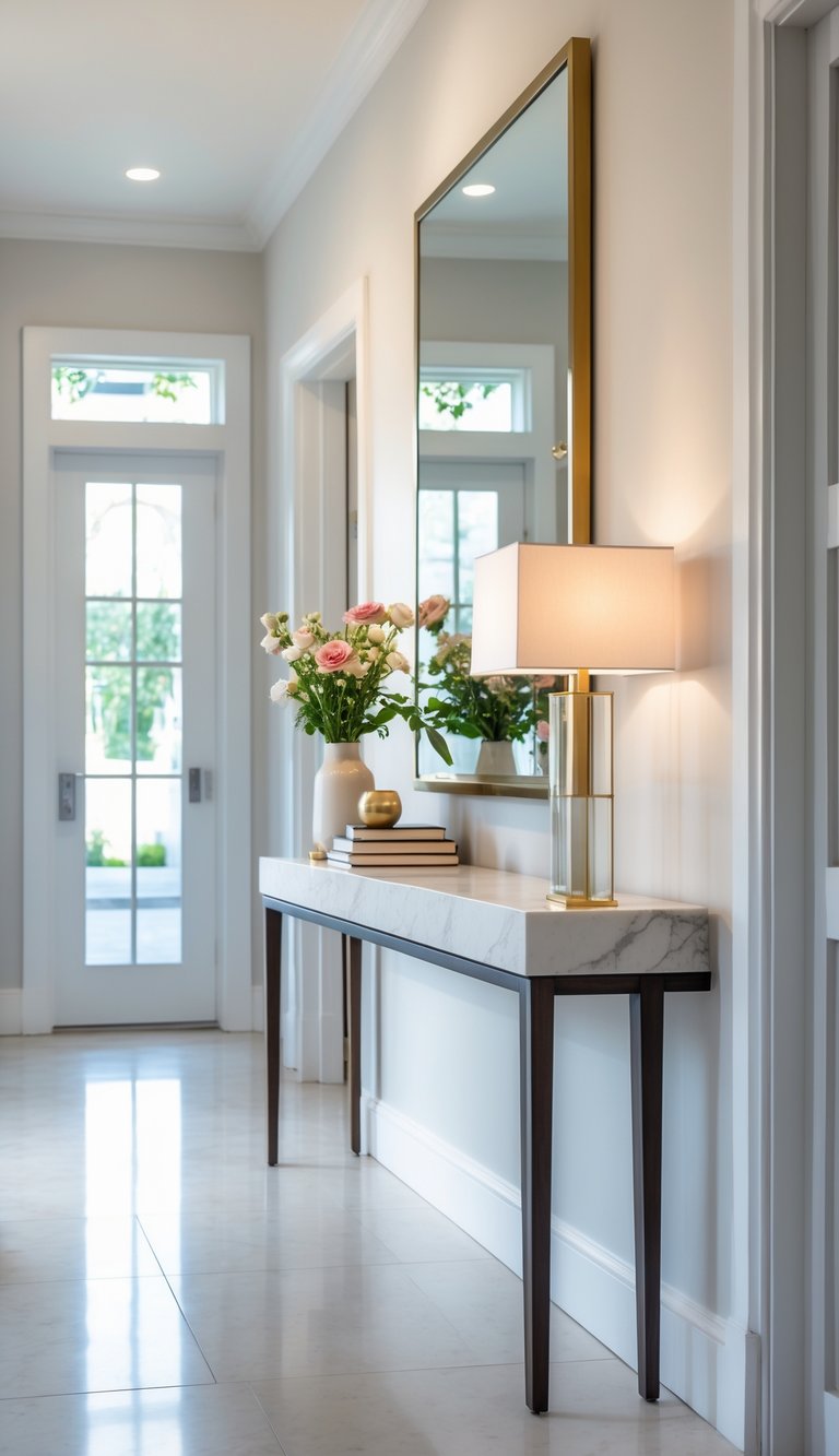 A narrow console table with a marble top in a bright entryway, decorated with a vase of flowers, books, and a lamp.