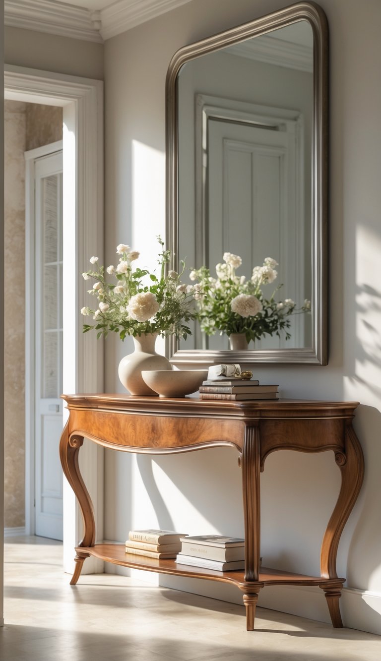 A wooden console table with curved details in a well-lit entryway, decorated with a vase of flowers, books, and a decorative bowl beneath a wall mirror.