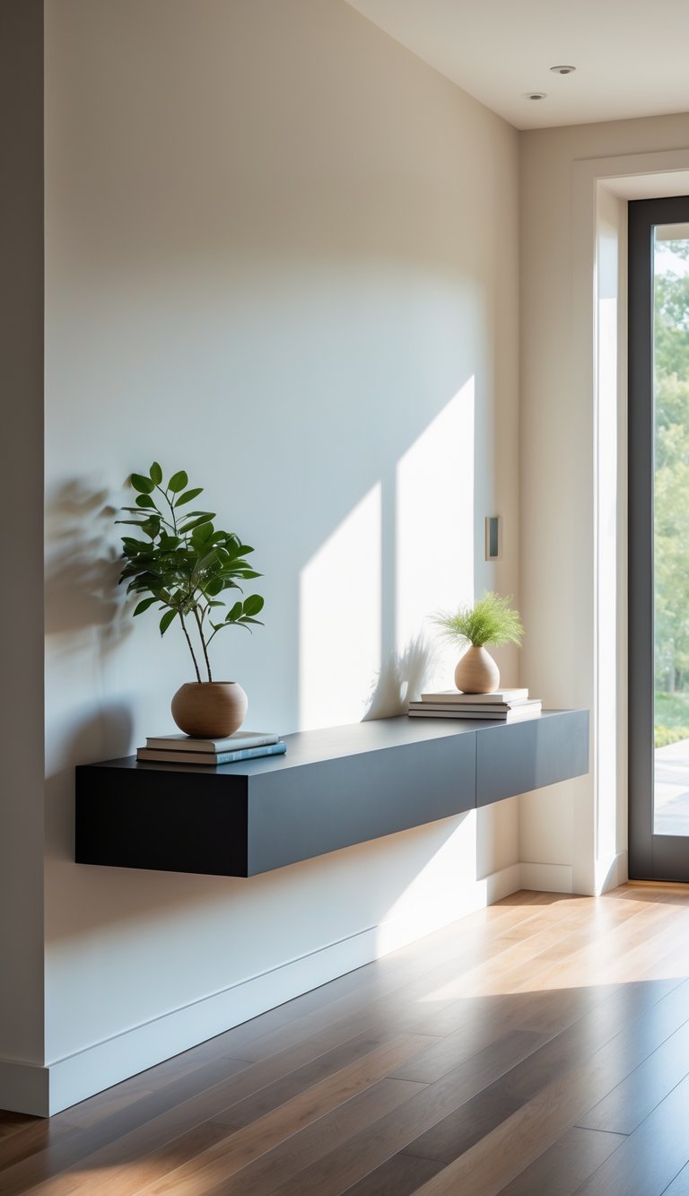 A floating wall-mounted console table with decorative items in a bright entryway.