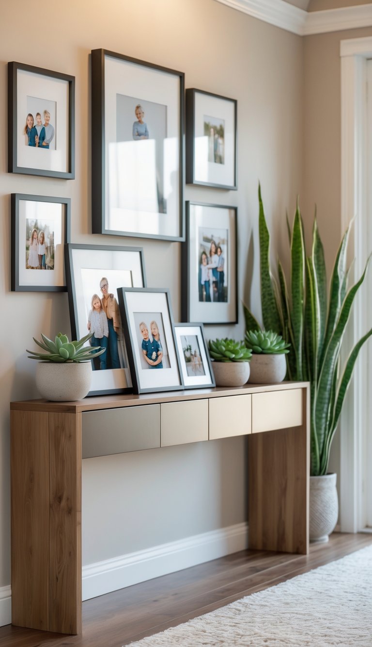 A wooden console table with framed family photos and small potted succulents arranged on top in a well-lit entryway.