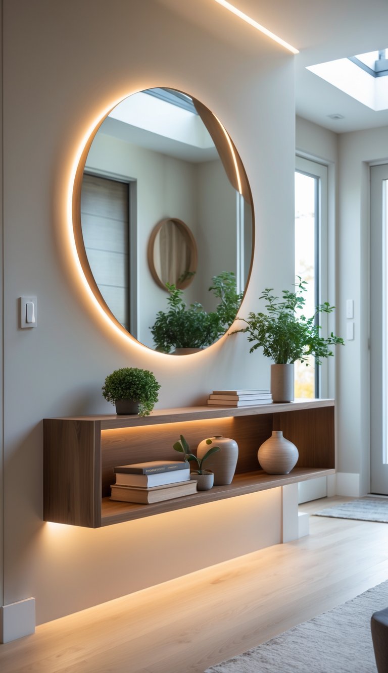 Entryway with a console table featuring integrated lighting, a round mirror above it, and decorative items on the table.
