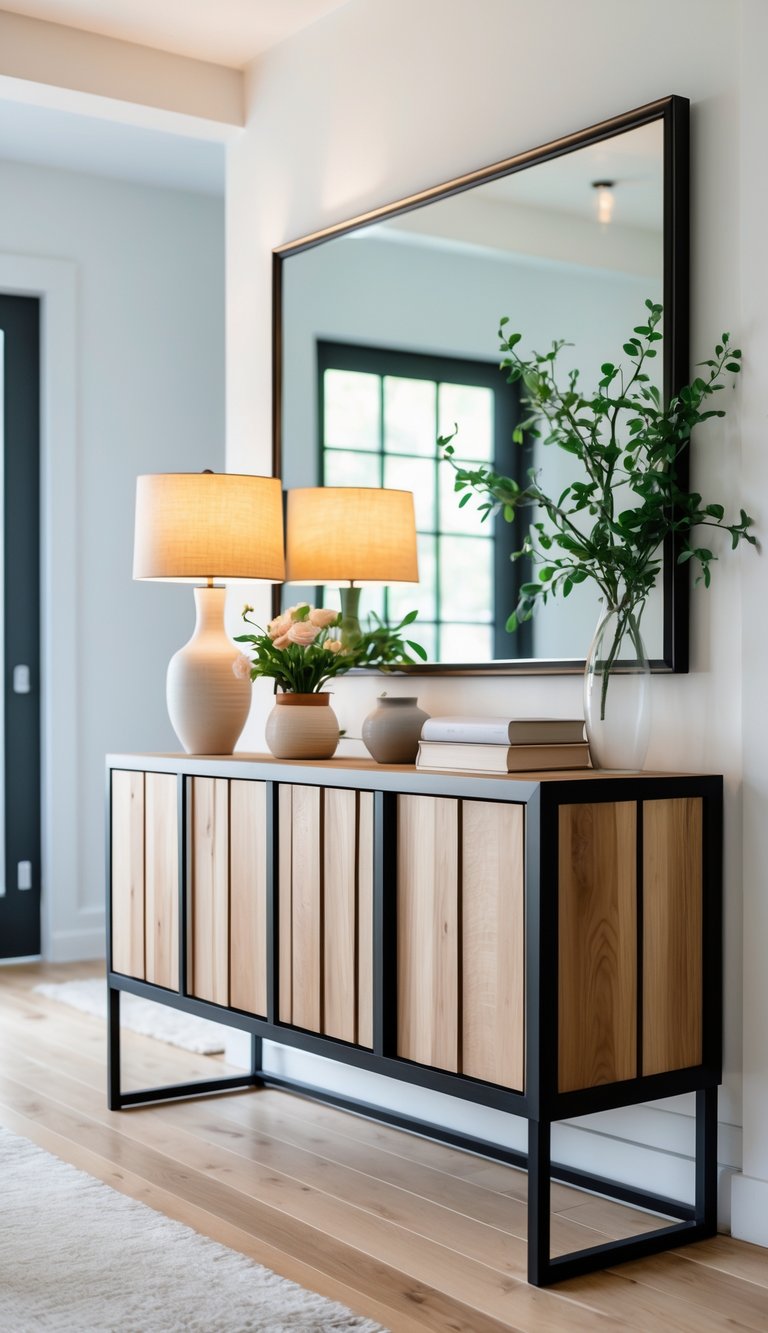 A console table made of wood and metal with decorative items on top, set against a light wall in an entryway.