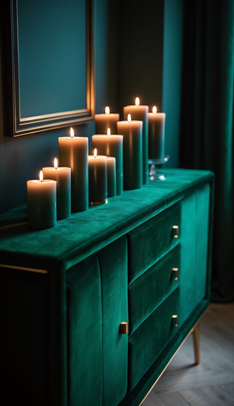 A deep green velvet console table with groups of lit candles arranged on top, creating a warm and intimate atmosphere.