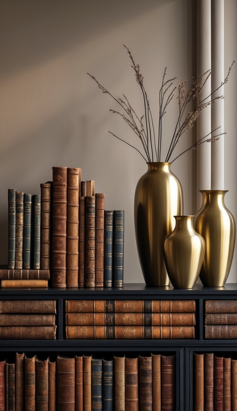 Console table with vintage books stacked and brass vases arranged on top against a plain wall.