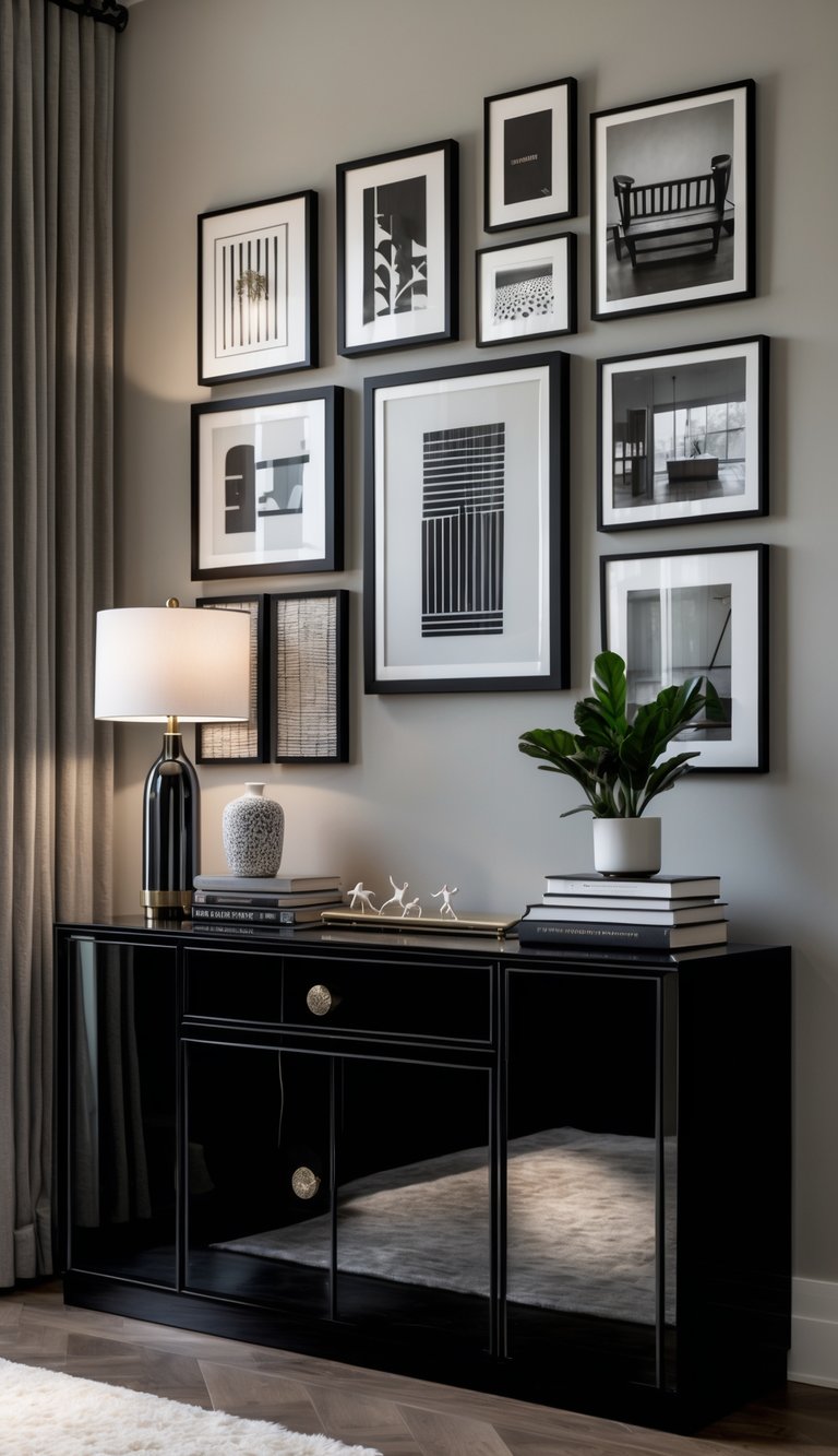 A black lacquered console table with decorative items beneath a wall covered in a layered arrangement of framed artworks.