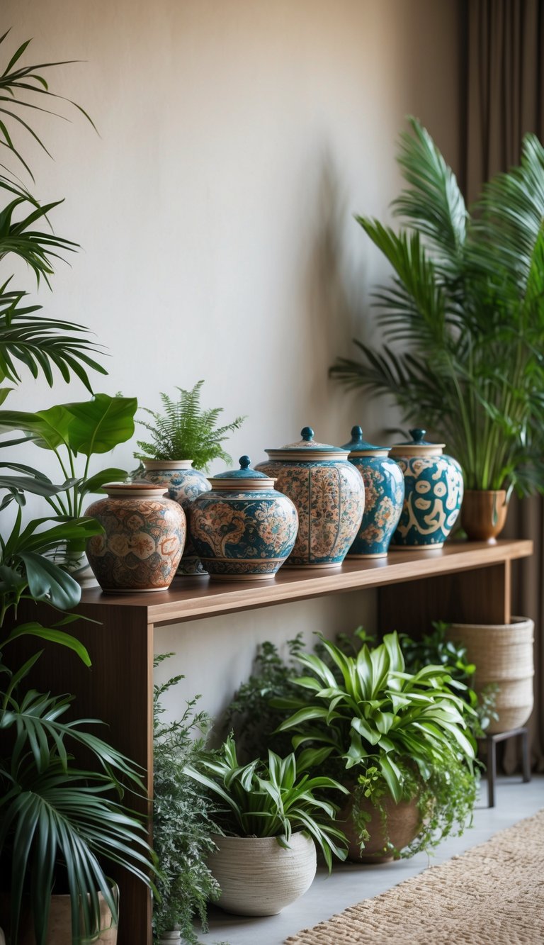 Console table decorated with patterned ceramic pots and green plants.