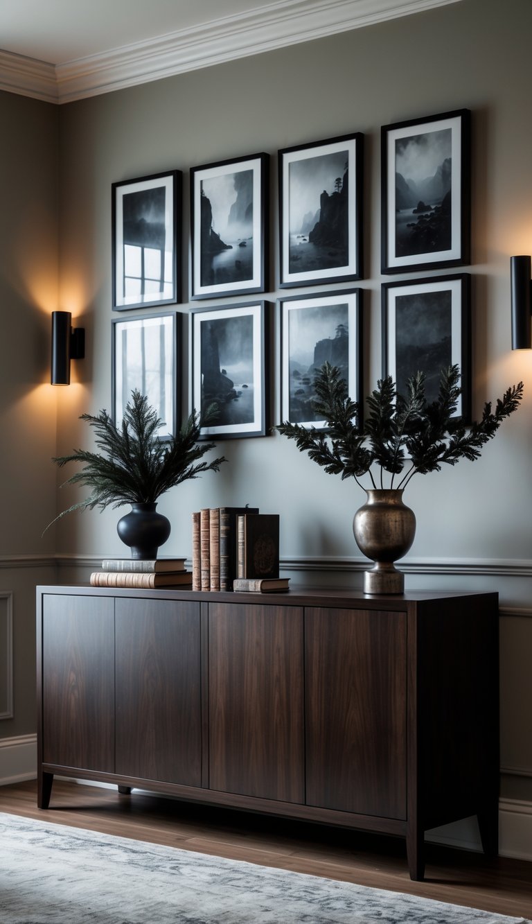 Dark wood console table with framed artwork above and decorative objects arranged on top in a softly lit room.