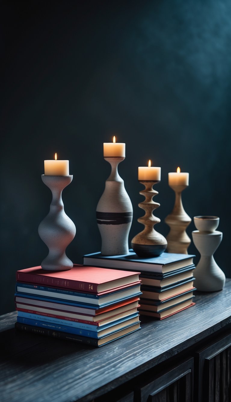 A console table with stacked art books and sculptural candle holders arranged on its surface.