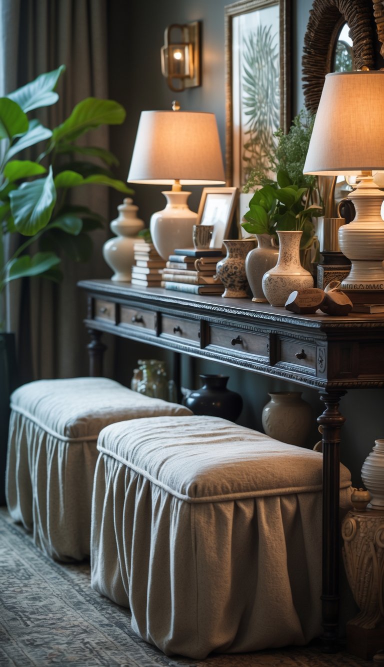A console table filled with decorative items and plush slipcovered benches neatly placed underneath.