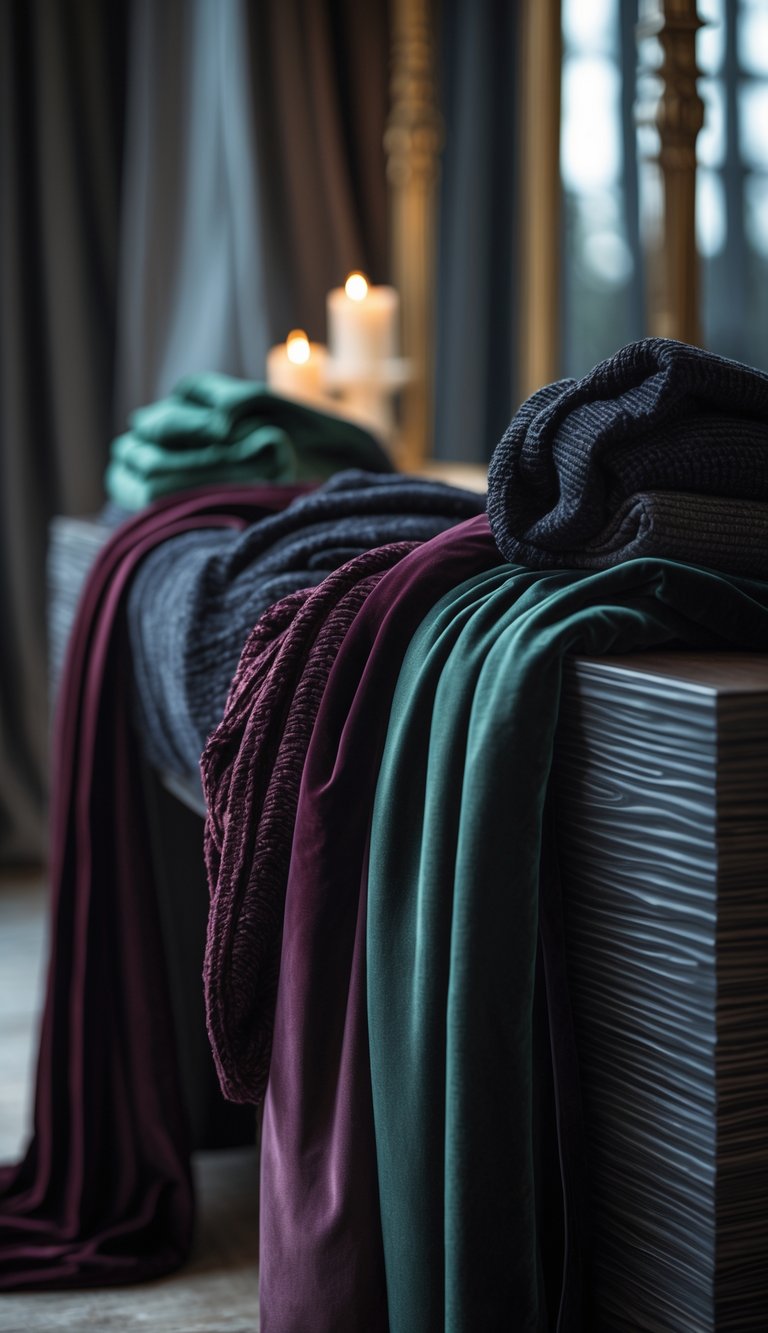Console table with multiple dark, textured fabrics draped over it, creating a warm and cozy scene.