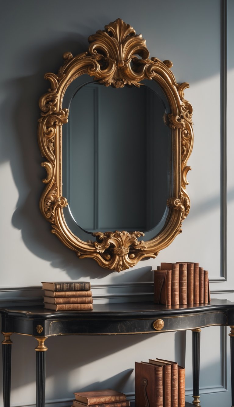Console table with an ornate gold mirror above it and a stack of leather-bound books on the table.