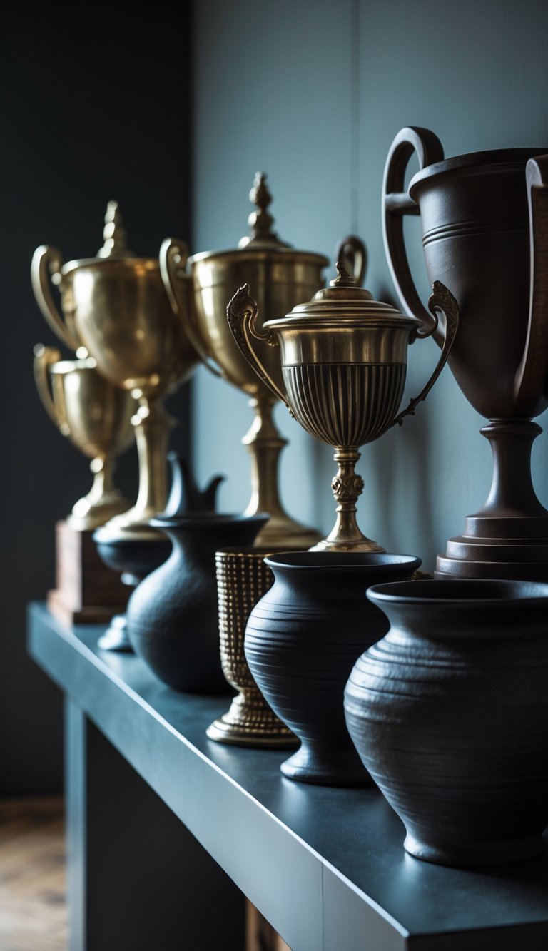A bold console table displaying vintage trophies and dark pottery arranged neatly against a muted background.