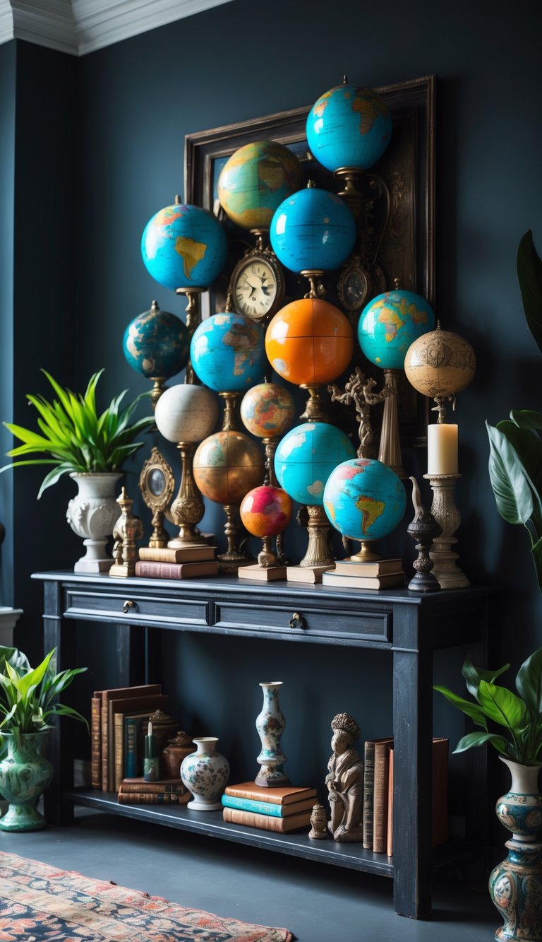 A dark console table with stacked colorful globes, vintage books, decorative sculptures, candle holders, and green potted plants arranged on top.
