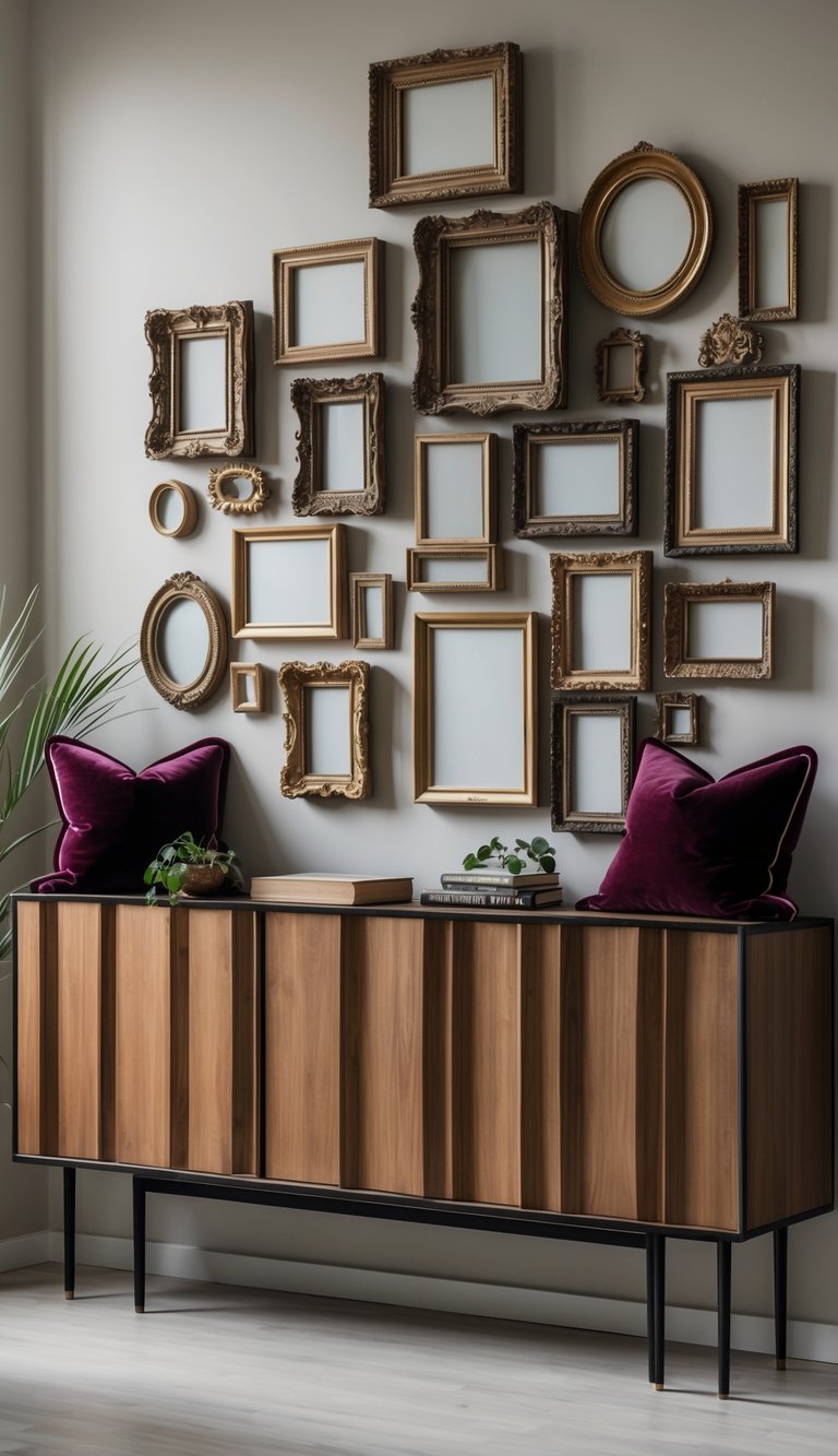 A console table with clustered antique picture frames and velvet piping accessories arranged on top.