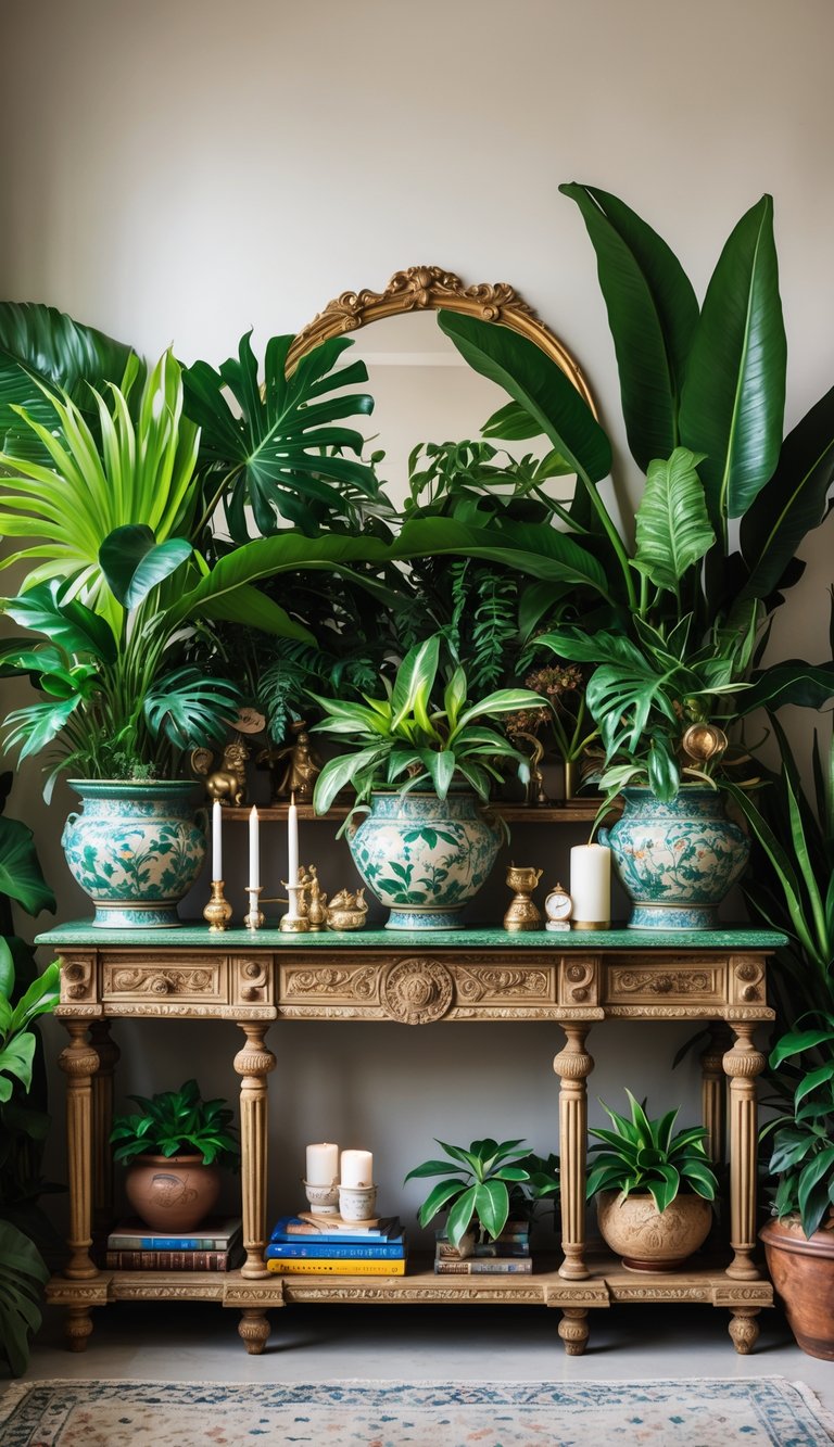A console table decorated with various tropical plants in vintage pots and assorted decorative items on top.