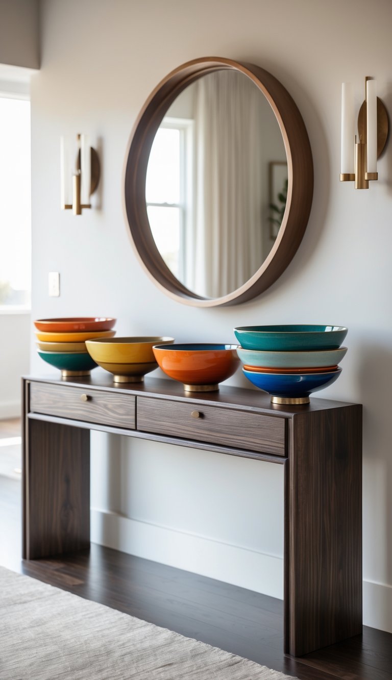 A dark wood console table displaying colorful ceramic bowls arranged neatly in a well-lit interior setting.
