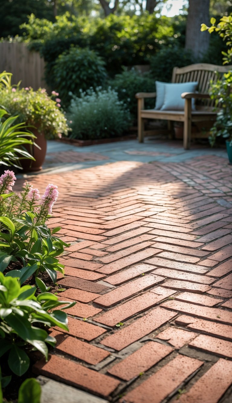 An outdoor patio with reddish-brown bricks arranged in a herringbone pattern, surrounded by green plants and outdoor furniture.