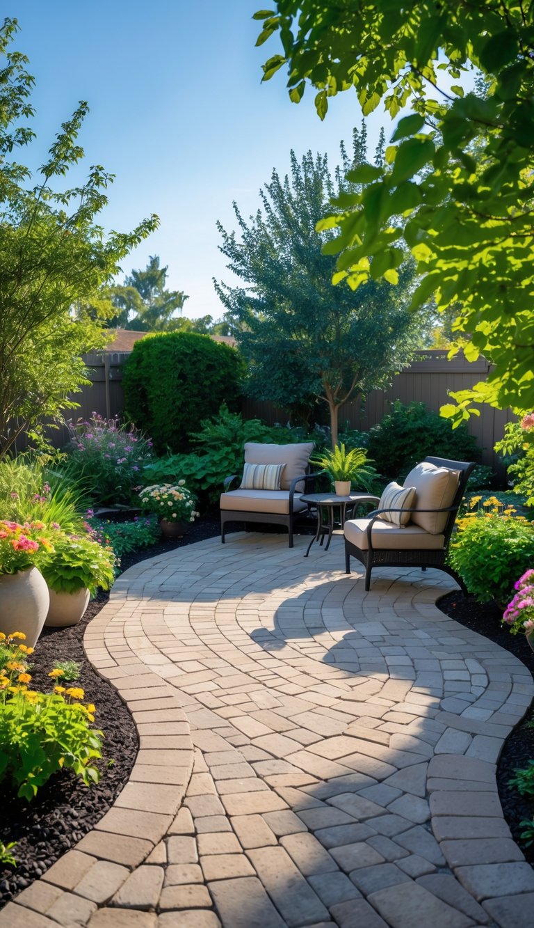 Outdoor patio with curved stone pavers, surrounded by green plants and outdoor furniture.