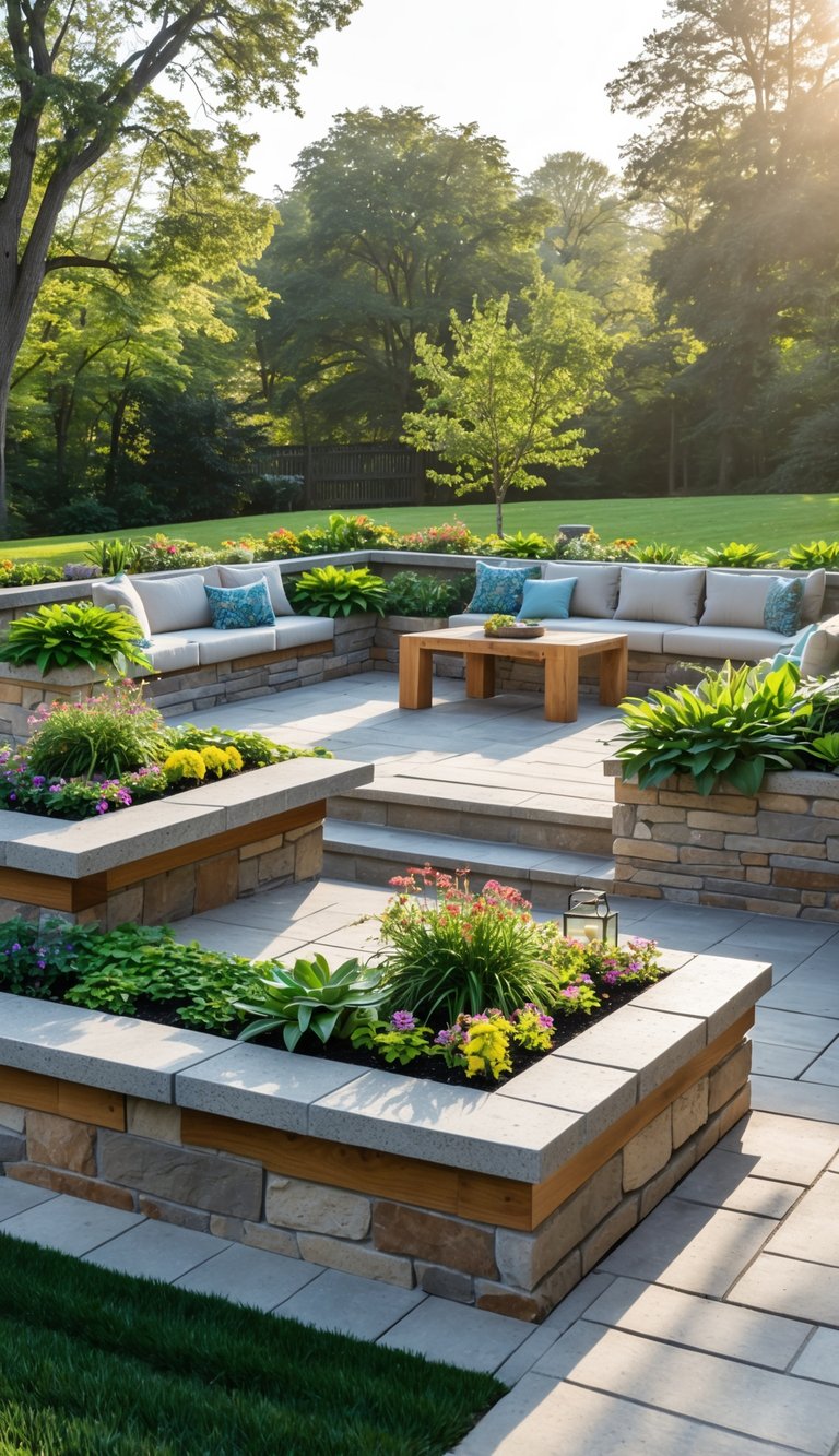 Multi-level outdoor patio with built-in planter boxes filled with plants, seating areas, and a dining table in a backyard.