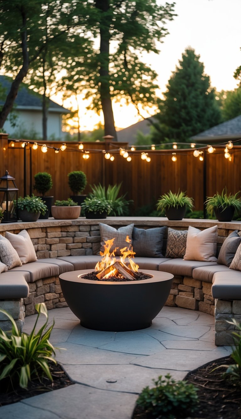 An outdoor fire pit corner with built-in stone seating, cushions, plants, and string lights in a backyard patio.